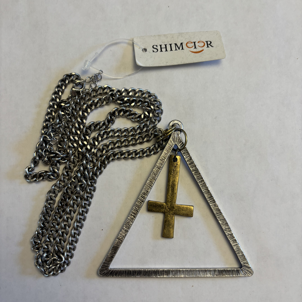 Shimmer Silver Heavy Curb Chain Textured Triangle Inverted Cross Necklace NWT